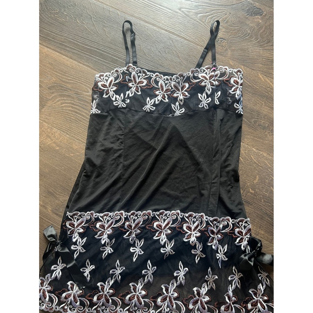 Black Embroidered Floral Mesh Chemise Lingerie Nightgown with Satin Side Bows